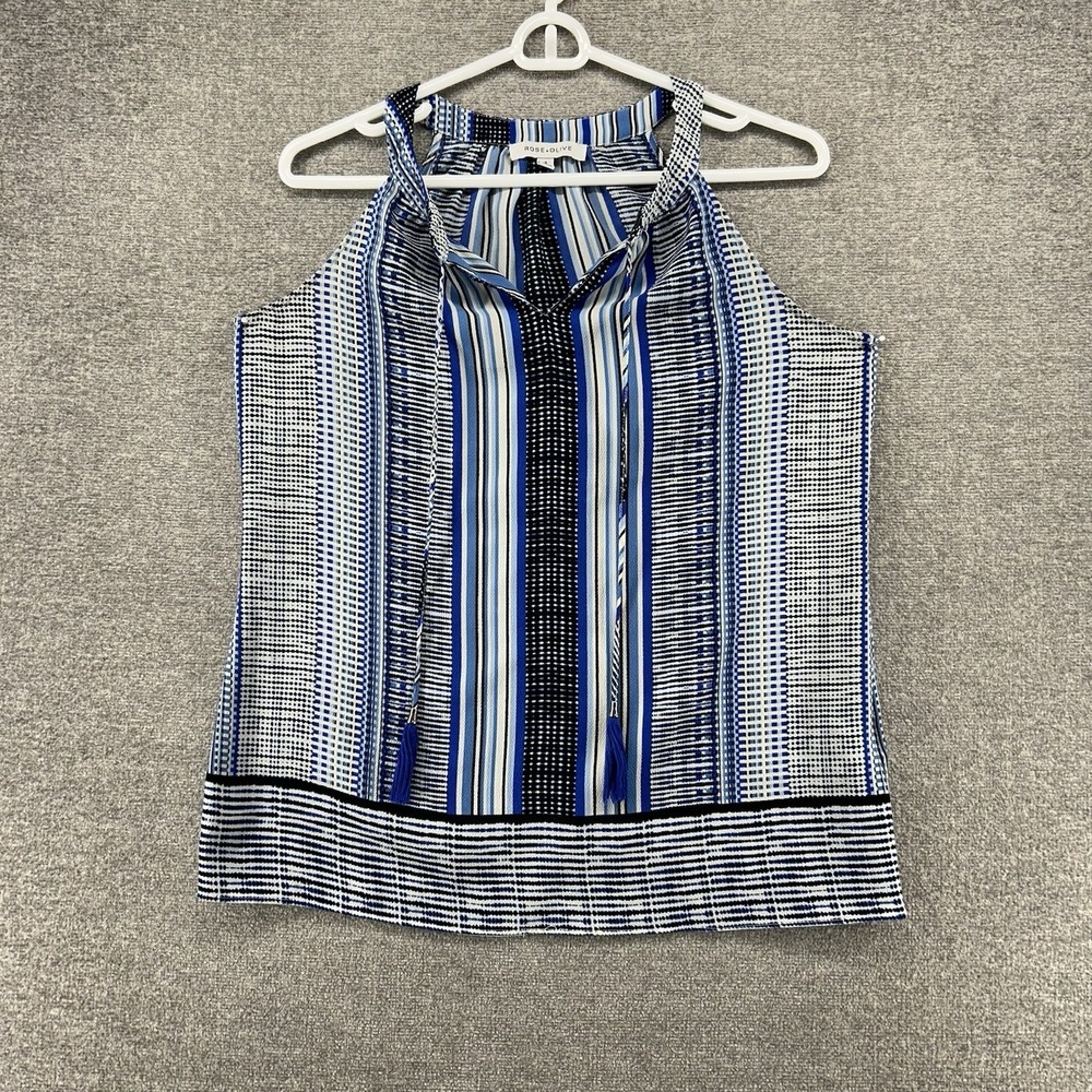 Rose + Olive Sleeveless Top Women Size Small Blue Striped Tassel Casual